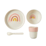 Set of ceramic dishes with rainbow design on a white background