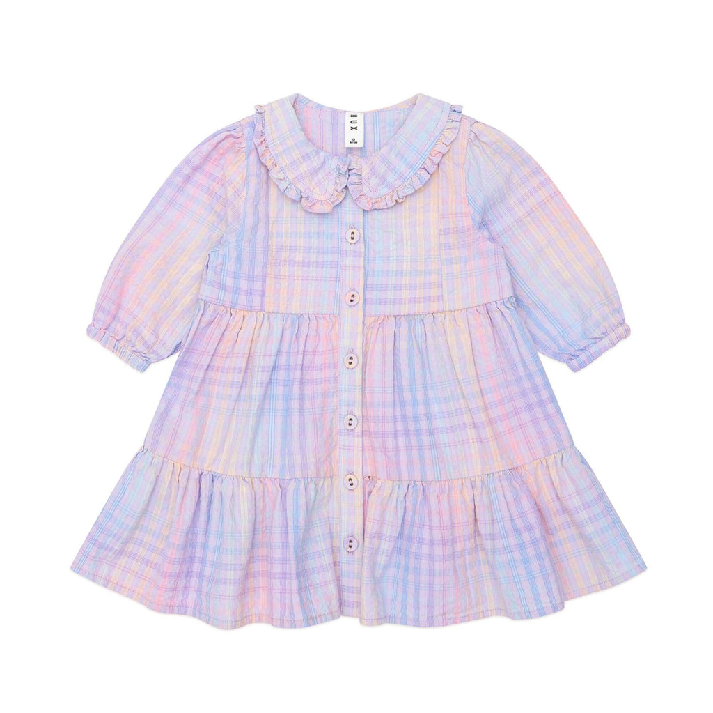 Rainbow Check Long Sleeve Frill Dress