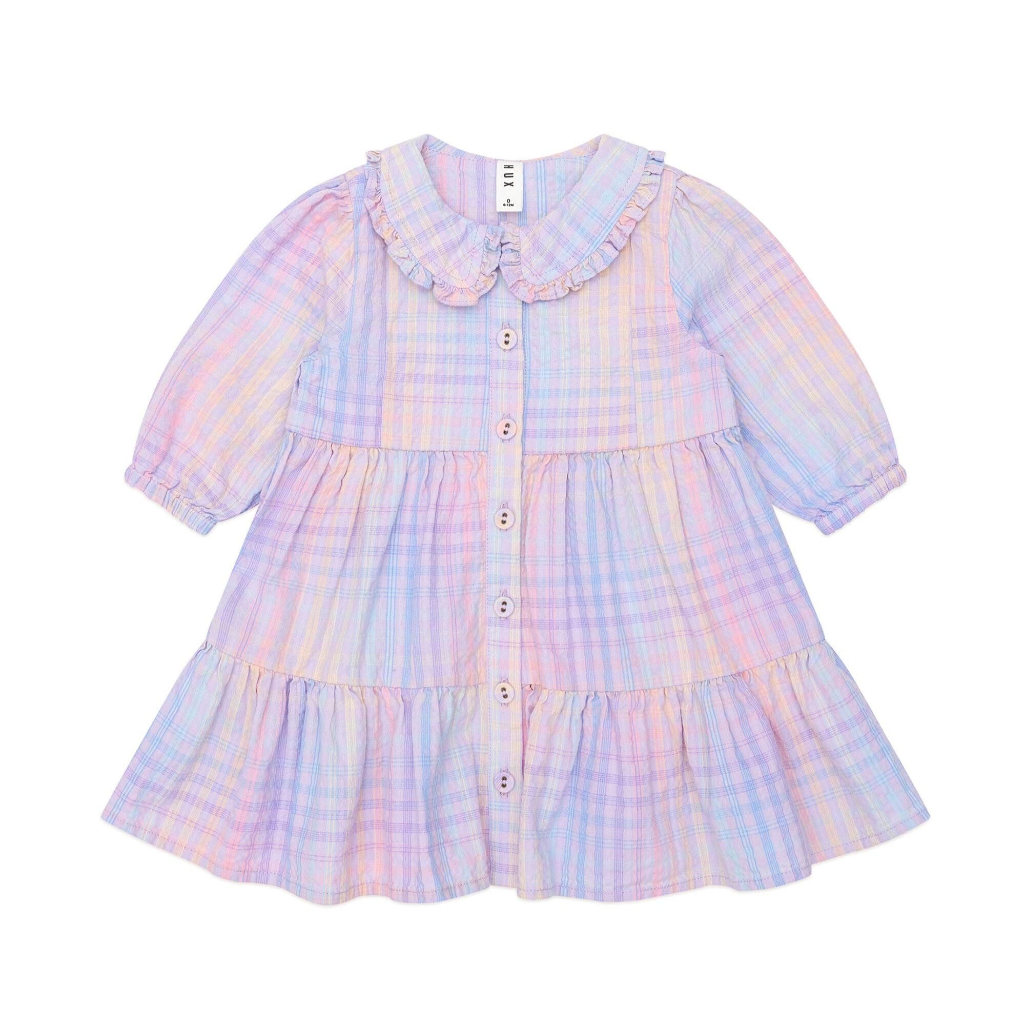 Rainbow Check Long Sleeve Frill Dress