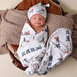 Trains Organic Jersey Wrap & Beanie Set