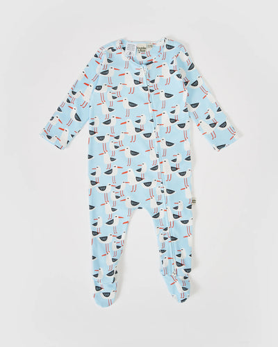 Seagulls Print Footed Zipsuit - Blue