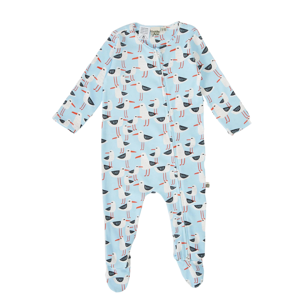 Seagulls Print Footed Zipsuit - Blue