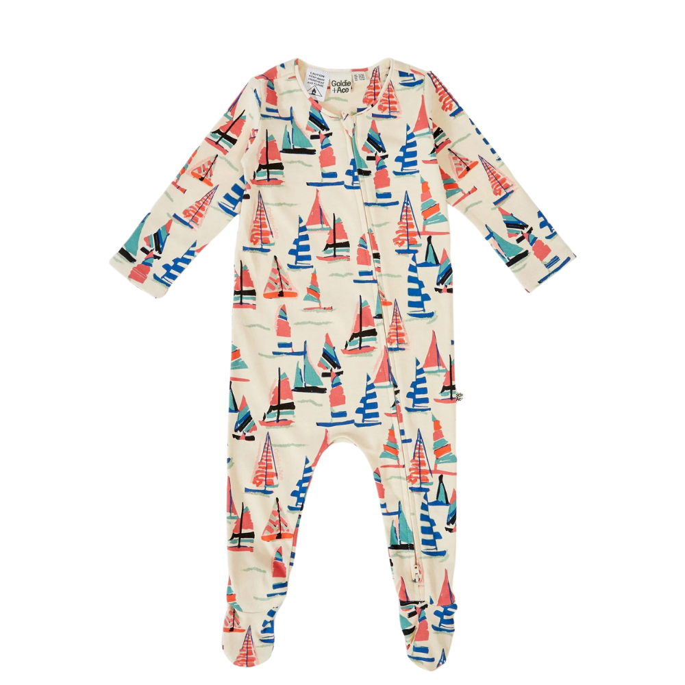 On The Bay Print Footed Zipsuit - Vanilla