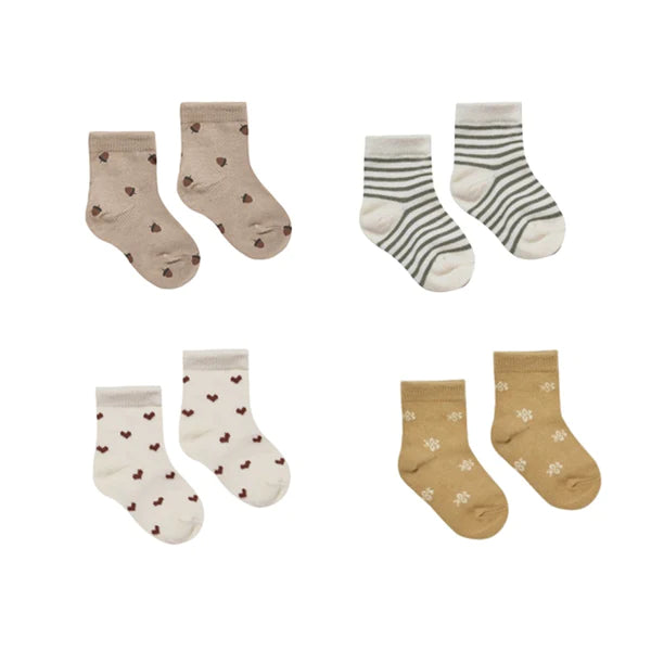 Printed Socks | Set of 4 | Fern Stripe, Acorns, Hearts, Daisy