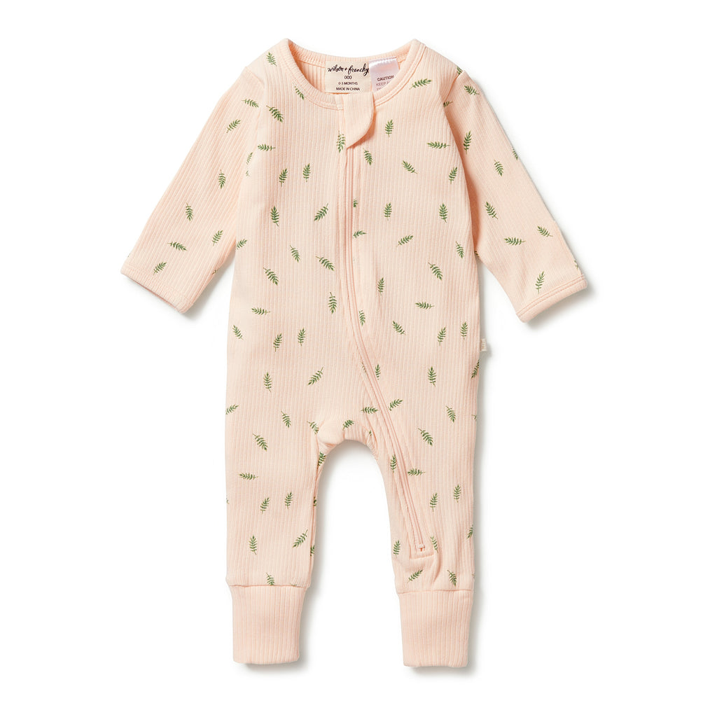 Organic Rib Zipsuit with Feet - Falling Leaf