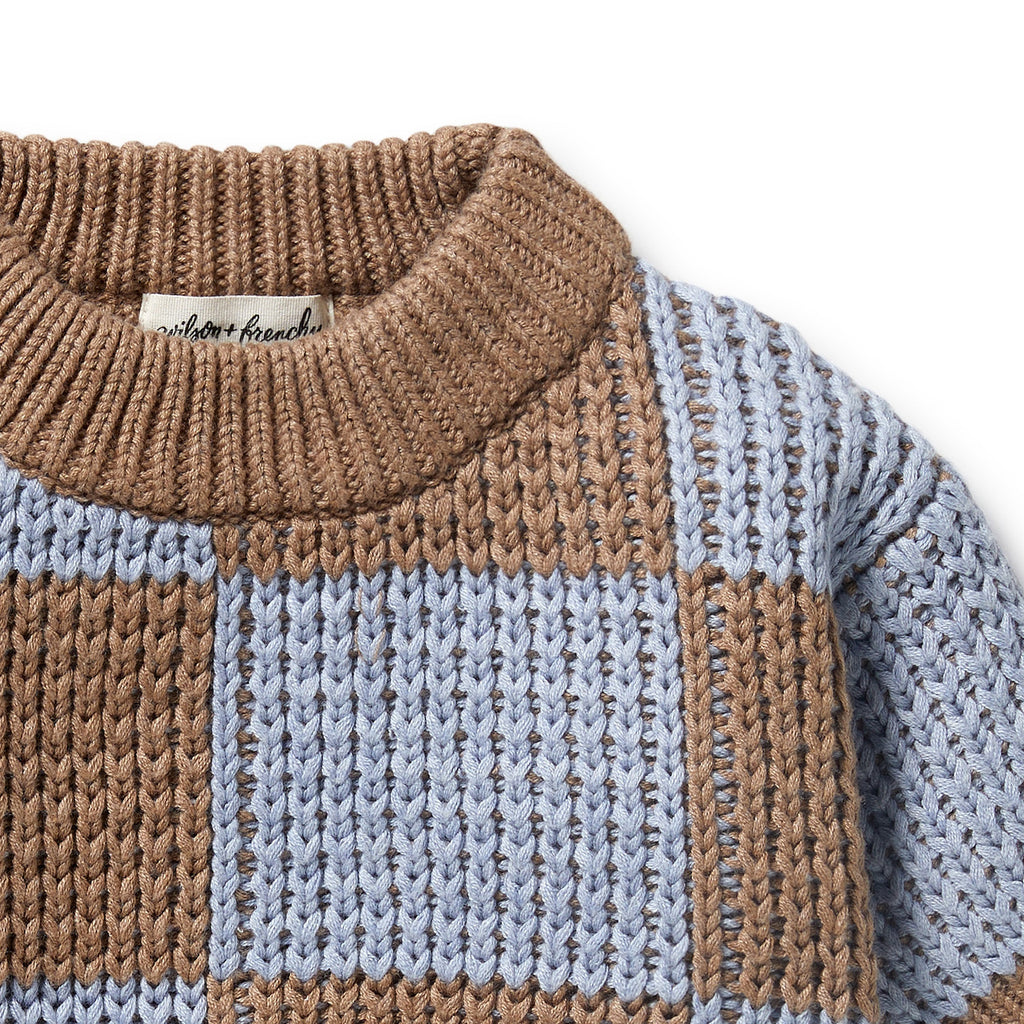 Coco Blue Speckle Organic Knitted Check Jumper