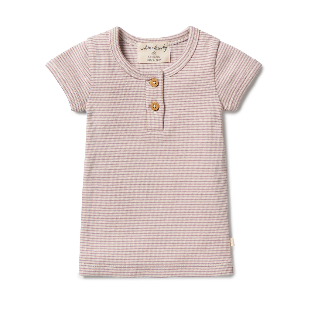 Organic Stripe Rib Henley Tee - Plum