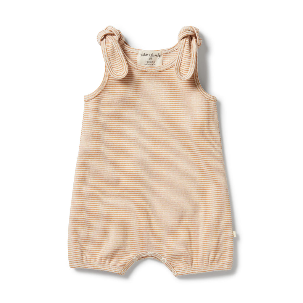 Organic Stripe Rib Tie Playsuit - Toffee